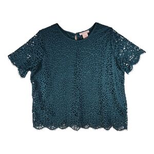 Philosophy Teal Short Sleeve Lace Lined Blouse Keyhole Back Size XXL